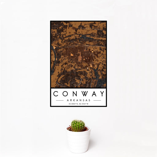 12x18 Conway Arkansas Map Print Portrait Orientation in Ember Style With Small Cactus Plant in White Planter