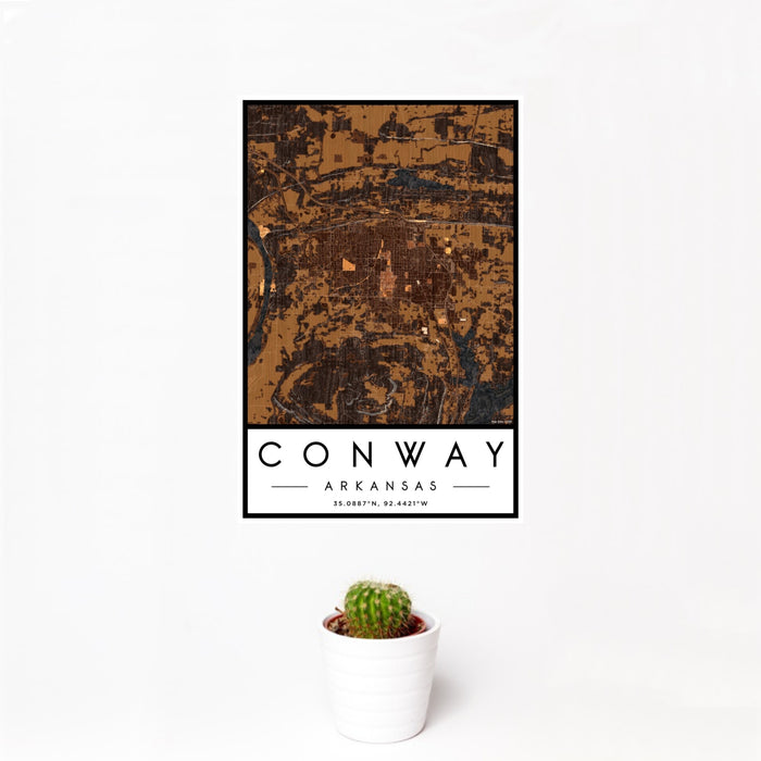 12x18 Conway Arkansas Map Print Portrait Orientation in Ember Style With Small Cactus Plant in White Planter