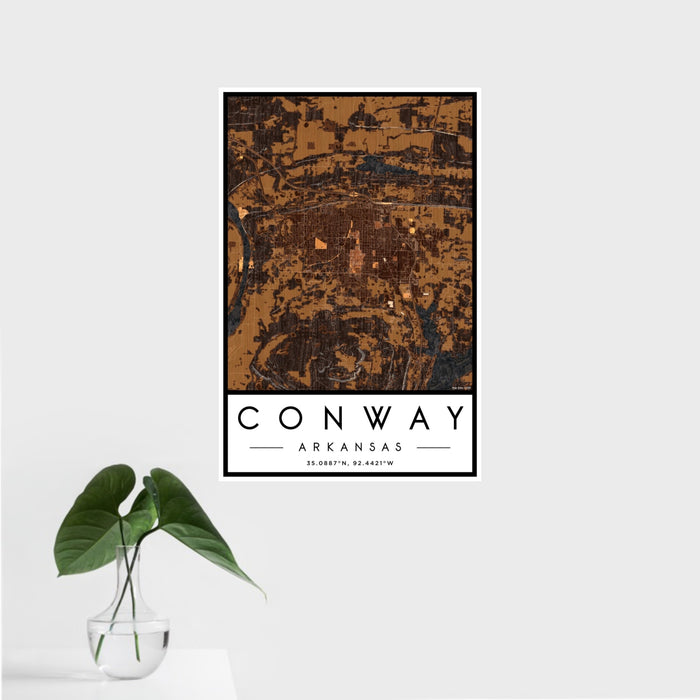 16x24 Conway Arkansas Map Print Portrait Orientation in Ember Style With Tropical Plant Leaves in Water
