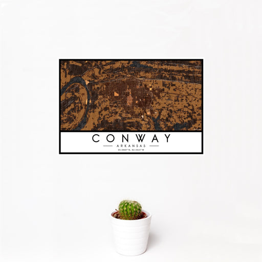 12x18 Conway Arkansas Map Print Landscape Orientation in Ember Style With Small Cactus Plant in White Planter