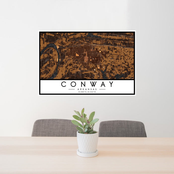 24x36 Conway Arkansas Map Print Landscape Orientation in Ember Style Behind 2 Chairs Table and Potted Plant