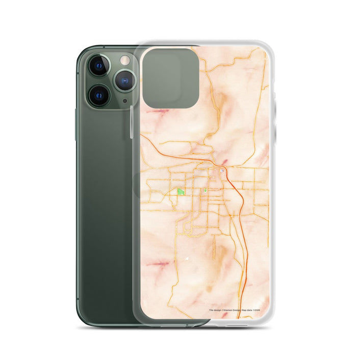 Custom Conway Arkansas Map Phone Case in Watercolor on Table with Laptop and Plant