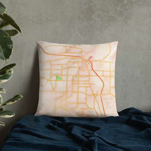 Custom Conway Arkansas Map Throw Pillow in Watercolor on Bedding Against Wall