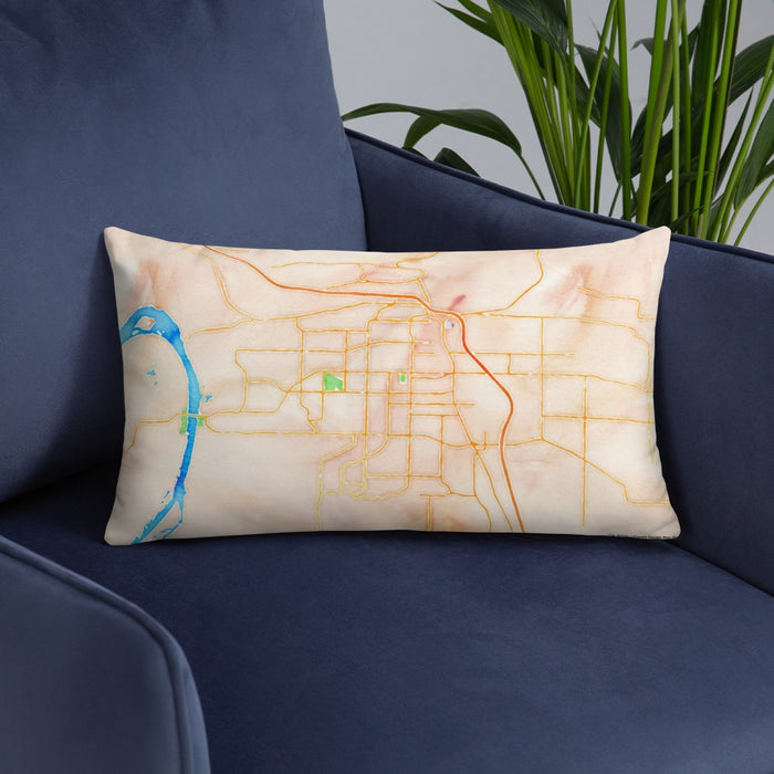 Custom Conway Arkansas Map Throw Pillow in Watercolor on Blue Colored Chair