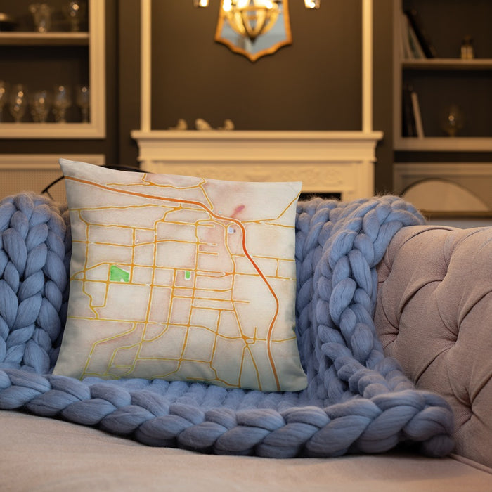 Custom Conway Arkansas Map Throw Pillow in Watercolor on Cream Colored Couch