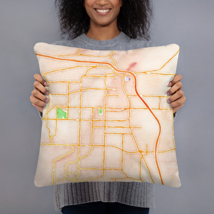 Person holding 18x18 Custom Conway Arkansas Map Throw Pillow in Watercolor