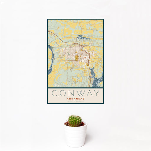 12x18 Conway Arkansas Map Print Portrait Orientation in Woodblock Style With Small Cactus Plant in White Planter