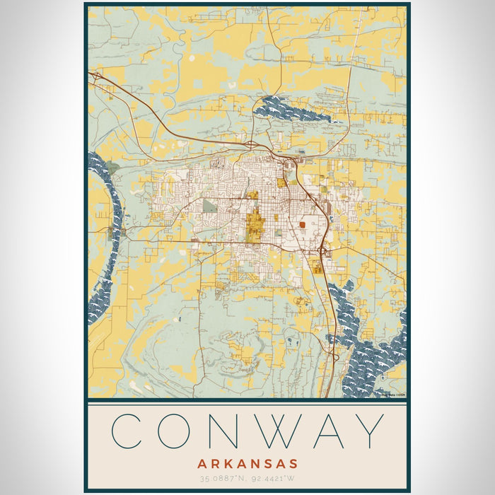 Conway Arkansas Map Print Portrait Orientation in Woodblock Style With Shaded Background