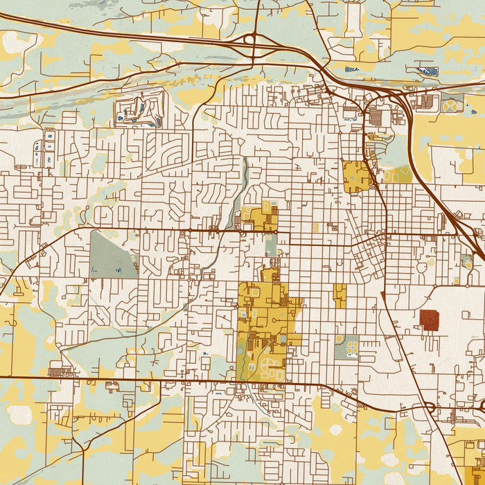 Conway Arkansas Map Print in Woodblock Style Zoomed In Close Up Showing Details