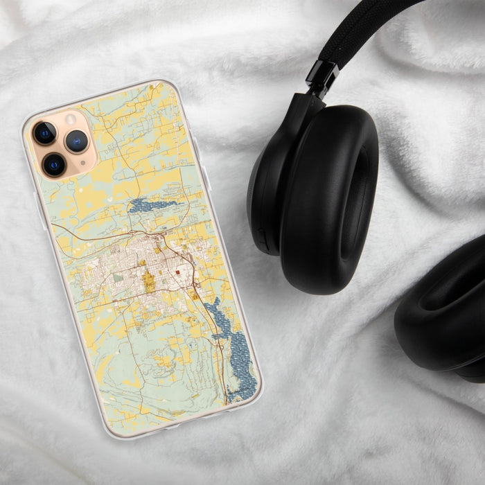 Custom Conway Arkansas Map Phone Case in Woodblock on Table with Black Headphones