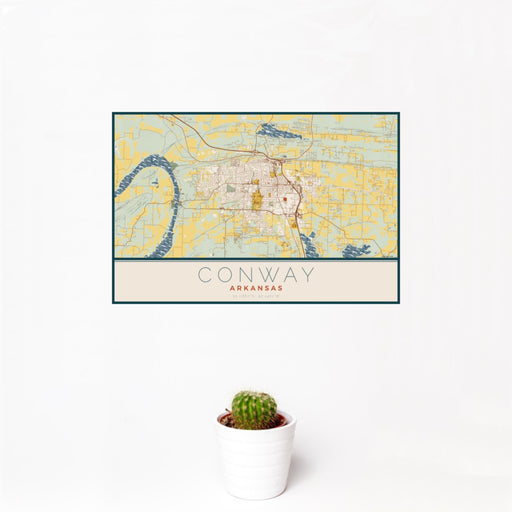 12x18 Conway Arkansas Map Print Landscape Orientation in Woodblock Style With Small Cactus Plant in White Planter