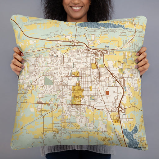 Person holding 22x22 Custom Conway Arkansas Map Throw Pillow in Woodblock