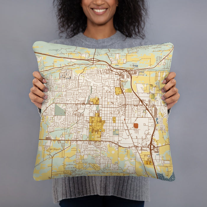 Person holding 18x18 Custom Conway Arkansas Map Throw Pillow in Woodblock