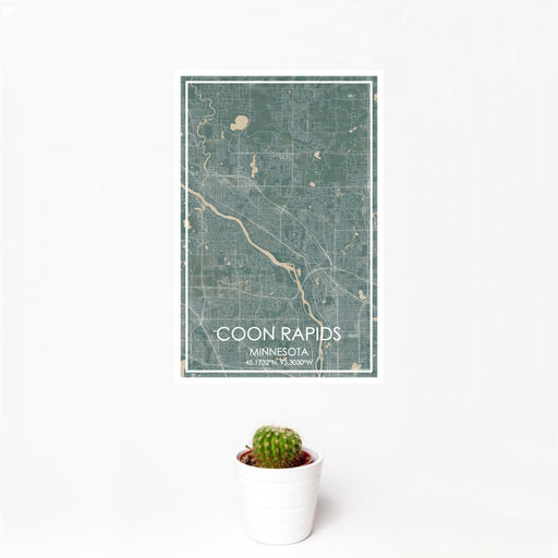 12x18 Coon Rapids Minnesota Map Print Portrait Orientation in Afternoon Style With Small Cactus Plant in White Planter