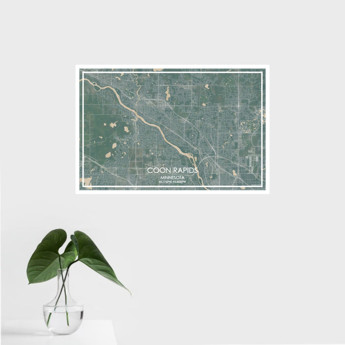 16x24 Coon Rapids Minnesota Map Print Landscape Orientation in Afternoon Style With Tropical Plant Leaves in Water