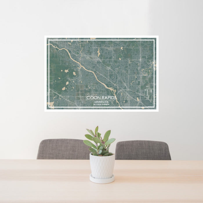 24x36 Coon Rapids Minnesota Map Print Lanscape Orientation in Afternoon Style Behind 2 Chairs Table and Potted Plant