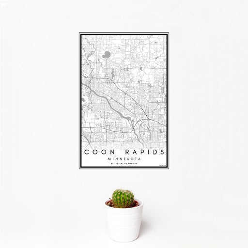 12x18 Coon Rapids Minnesota Map Print Portrait Orientation in Classic Style With Small Cactus Plant in White Planter