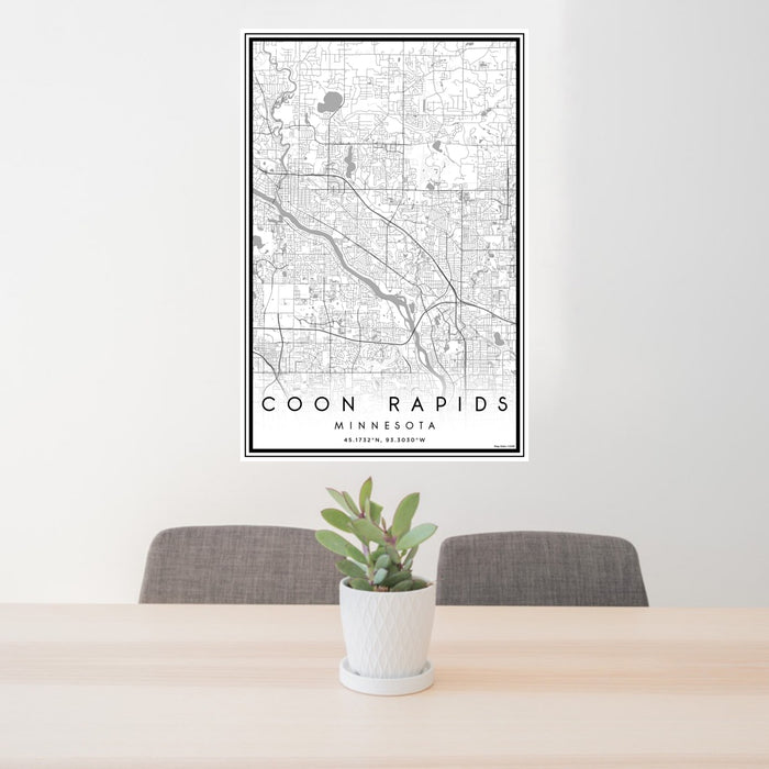 24x36 Coon Rapids Minnesota Map Print Portrait Orientation in Classic Style Behind 2 Chairs Table and Potted Plant