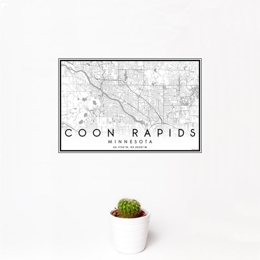 12x18 Coon Rapids Minnesota Map Print Landscape Orientation in Classic Style With Small Cactus Plant in White Planter
