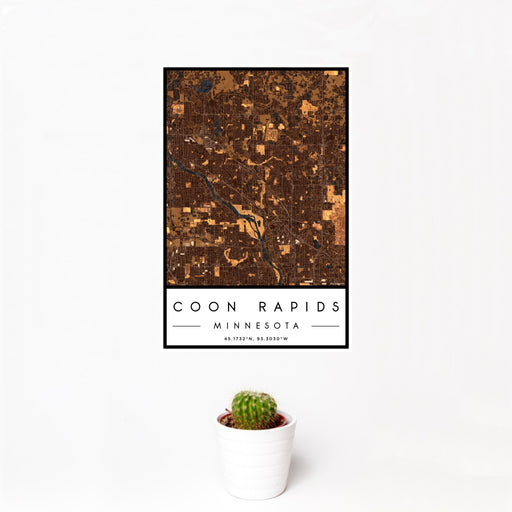 12x18 Coon Rapids Minnesota Map Print Portrait Orientation in Ember Style With Small Cactus Plant in White Planter
