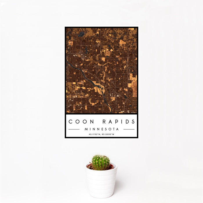 12x18 Coon Rapids Minnesota Map Print Portrait Orientation in Ember Style With Small Cactus Plant in White Planter