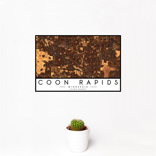 12x18 Coon Rapids Minnesota Map Print Landscape Orientation in Ember Style With Small Cactus Plant in White Planter