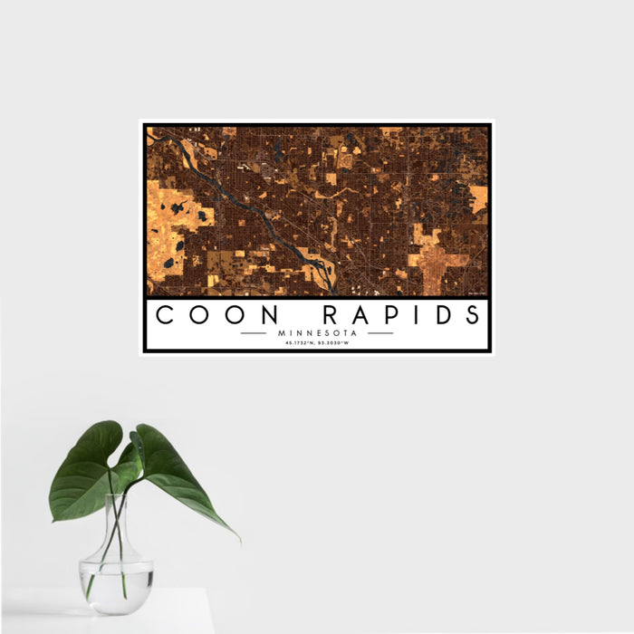 16x24 Coon Rapids Minnesota Map Print Landscape Orientation in Ember Style With Tropical Plant Leaves in Water
