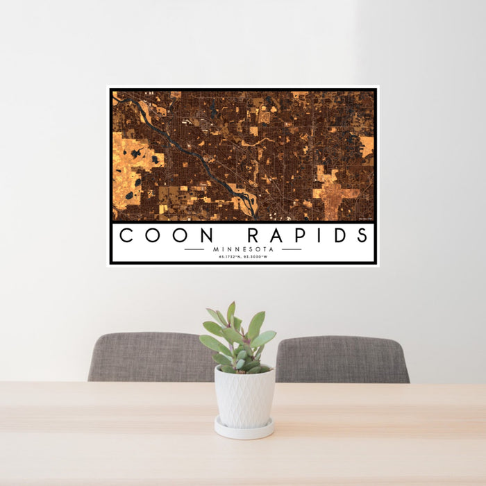 24x36 Coon Rapids Minnesota Map Print Landscape Orientation in Ember Style Behind 2 Chairs Table and Potted Plant