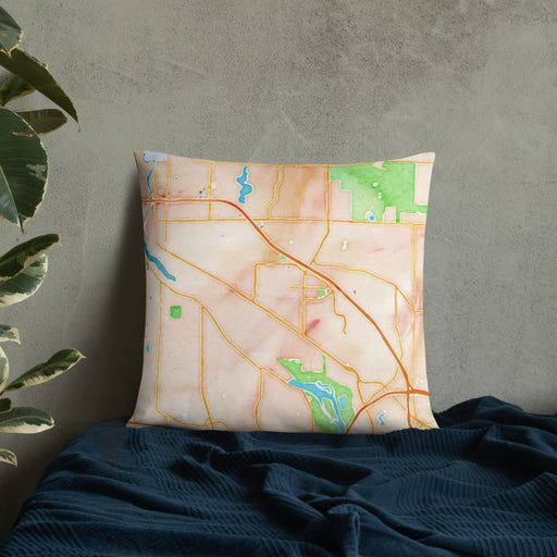 Custom Coon Rapids Minnesota Map Throw Pillow in Watercolor on Bedding Against Wall