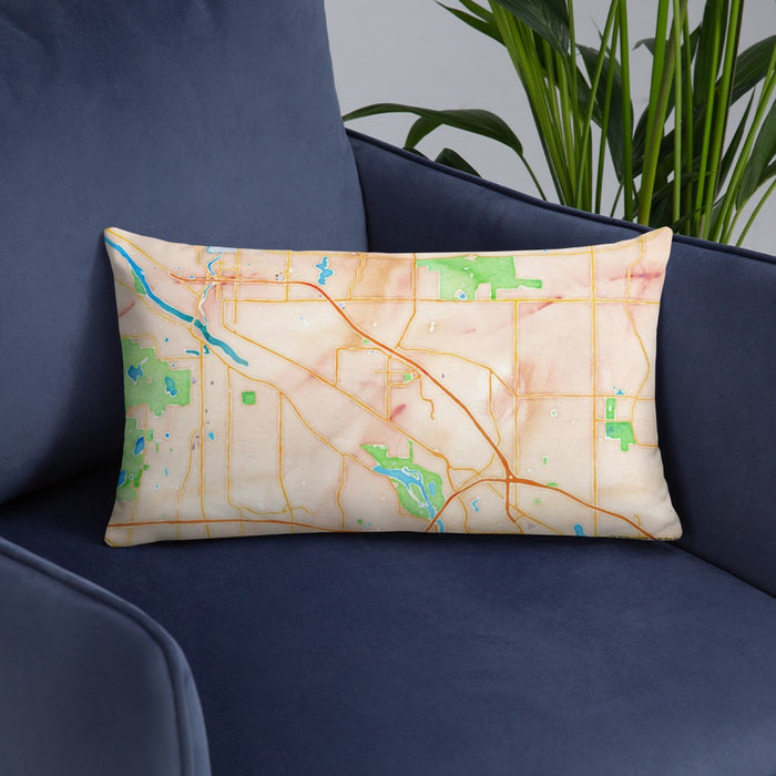 Custom Coon Rapids Minnesota Map Throw Pillow in Watercolor on Blue Colored Chair