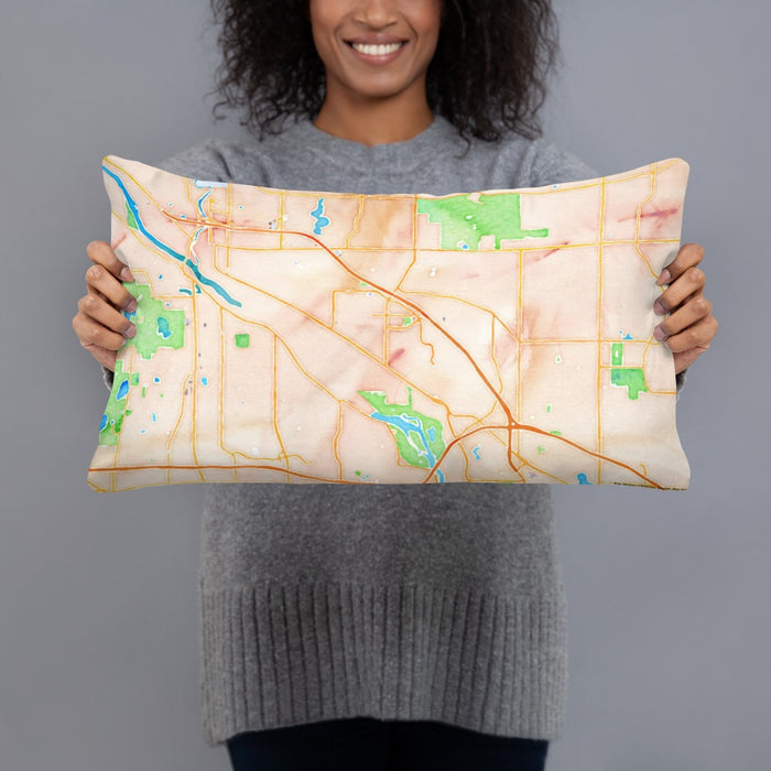 Person holding 20x12 Custom Coon Rapids Minnesota Map Throw Pillow in Watercolor