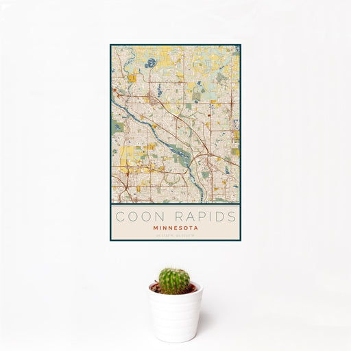 12x18 Coon Rapids Minnesota Map Print Portrait Orientation in Woodblock Style With Small Cactus Plant in White Planter