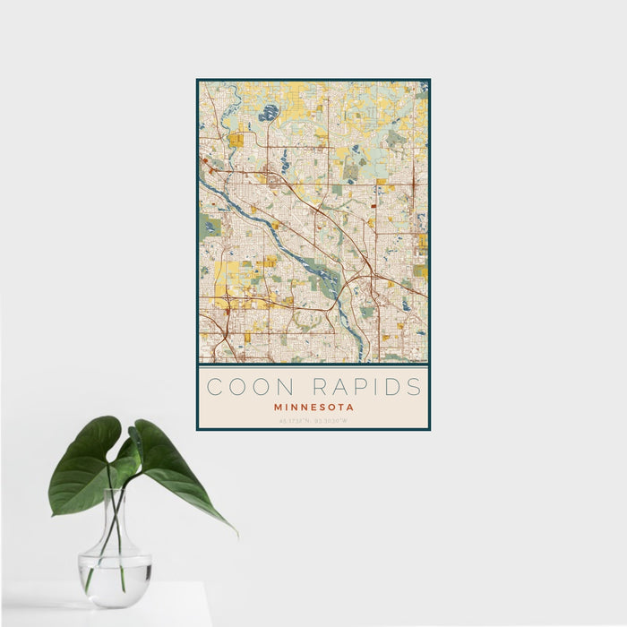 16x24 Coon Rapids Minnesota Map Print Portrait Orientation in Woodblock Style With Tropical Plant Leaves in Water