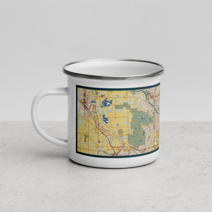 Left View Custom Coon Rapids Minnesota Map Enamel Mug in Woodblock