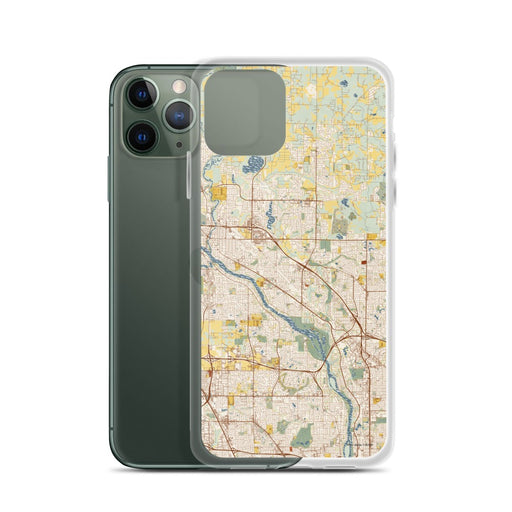 Custom Coon Rapids Minnesota Map Phone Case in Woodblock on Table with Laptop and Plant