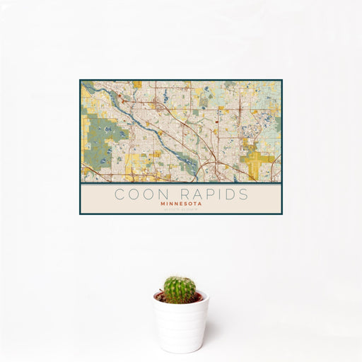 12x18 Coon Rapids Minnesota Map Print Landscape Orientation in Woodblock Style With Small Cactus Plant in White Planter