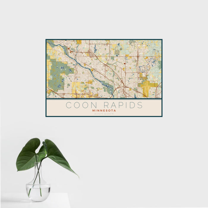 16x24 Coon Rapids Minnesota Map Print Landscape Orientation in Woodblock Style With Tropical Plant Leaves in Water