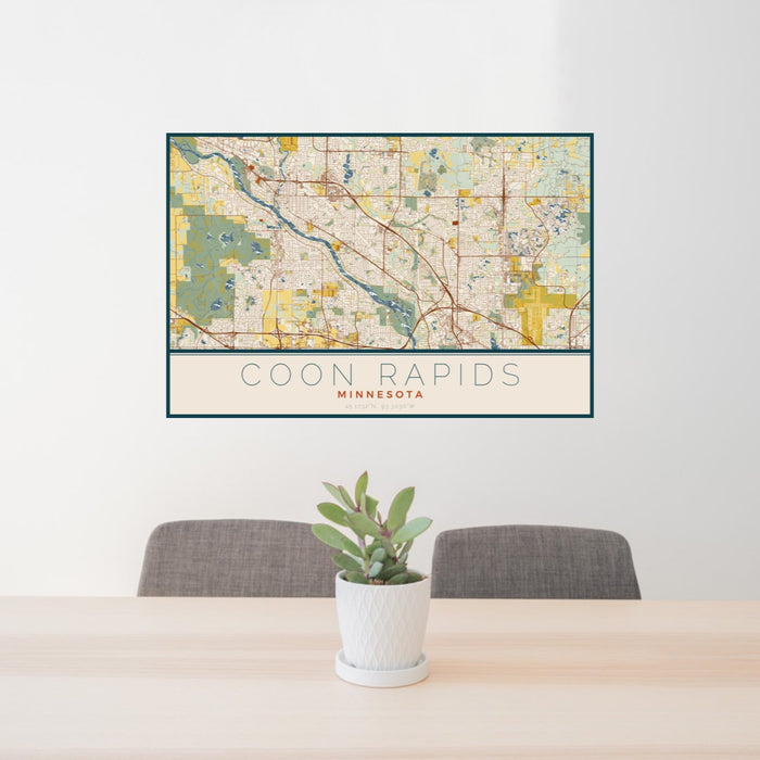 24x36 Coon Rapids Minnesota Map Print Landscape Orientation in Woodblock Style Behind 2 Chairs Table and Potted Plant
