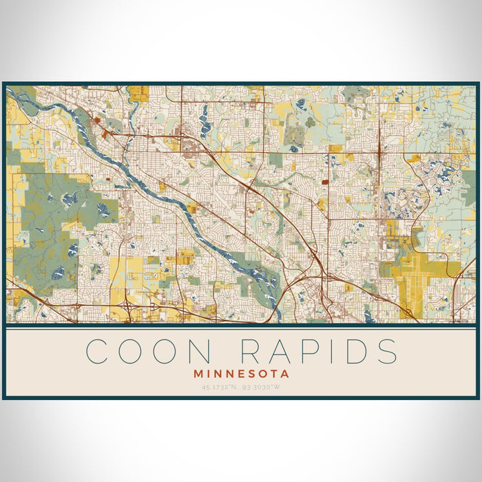 Coon Rapids Minnesota Map Print Landscape Orientation in Woodblock Style With Shaded Background
