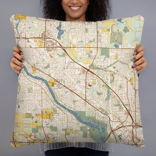 Person holding 22x22 Custom Coon Rapids Minnesota Map Throw Pillow in Woodblock