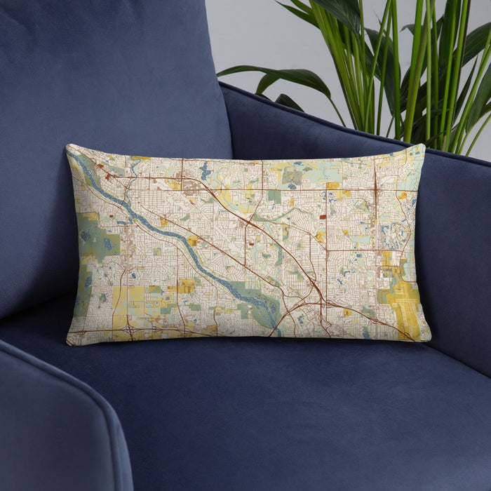Custom Coon Rapids Minnesota Map Throw Pillow in Woodblock on Blue Colored Chair