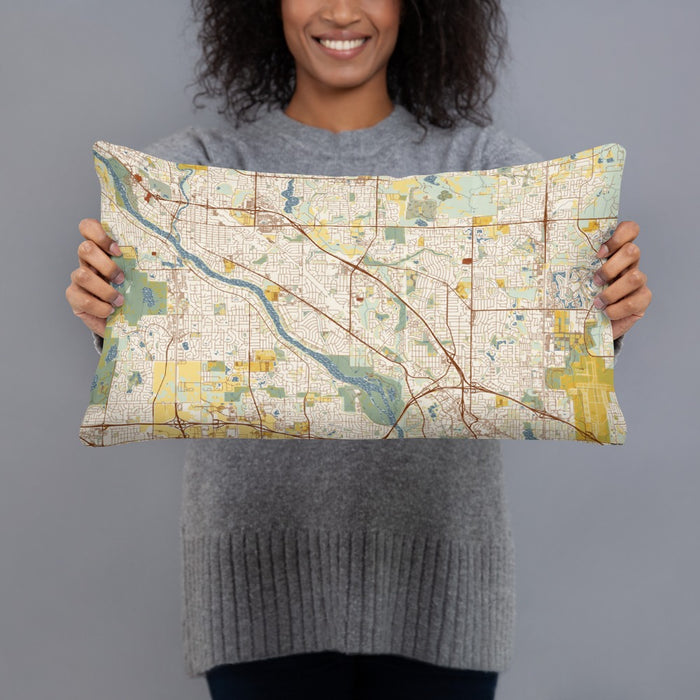 Person holding 20x12 Custom Coon Rapids Minnesota Map Throw Pillow in Woodblock