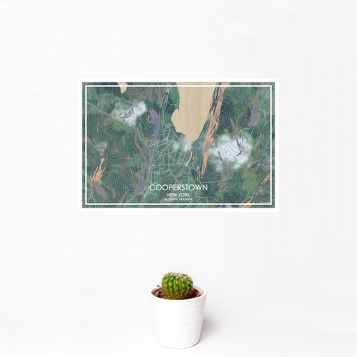 12x18 Cooperstown New York Map Print Landscape Orientation in Afternoon Style With Small Cactus Plant in White Planter
