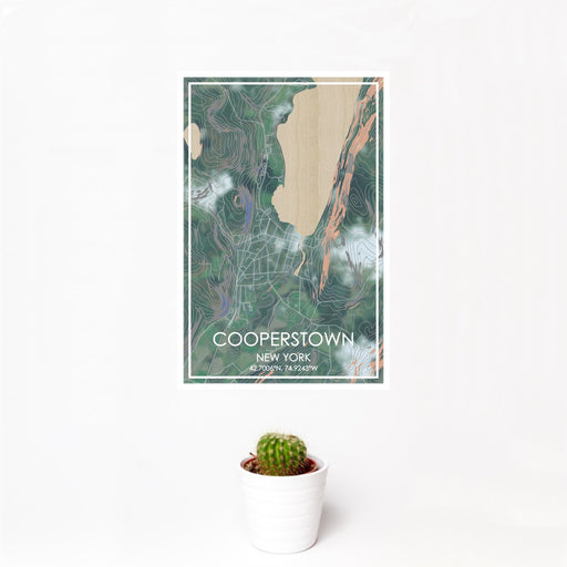 12x18 Cooperstown New York Map Print Portrait Orientation in Afternoon Style With Small Cactus Plant in White Planter