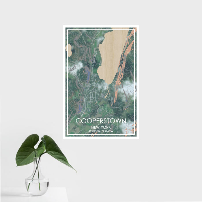 16x24 Cooperstown New York Map Print Portrait Orientation in Afternoon Style With Tropical Plant Leaves in Water