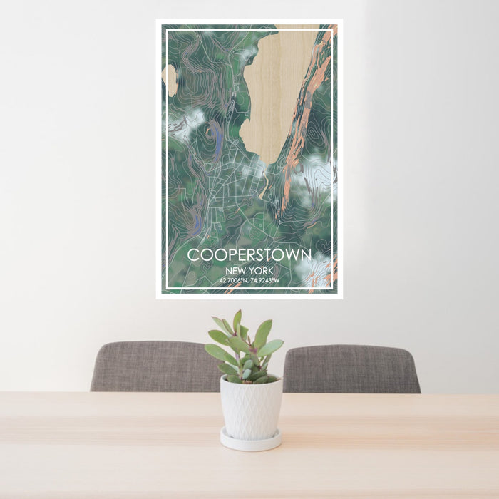 24x36 Cooperstown New York Map Print Portrait Orientation in Afternoon Style Behind 2 Chairs Table and Potted Plant
