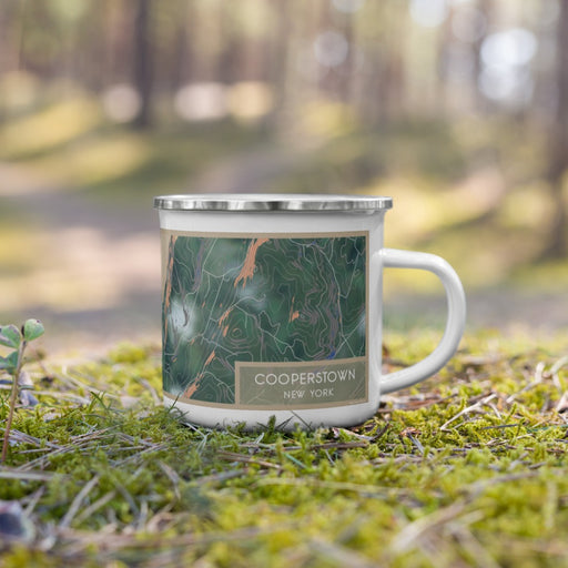 Right View Custom Cooperstown New York Map Enamel Mug in Afternoon on Grass With Trees in Background
