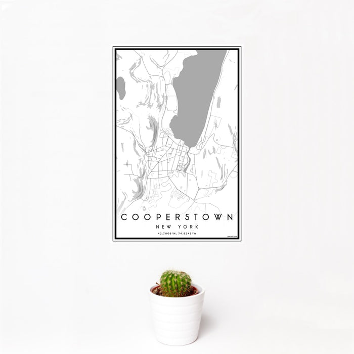 12x18 Cooperstown New York Map Print Portrait Orientation in Classic Style With Small Cactus Plant in White Planter