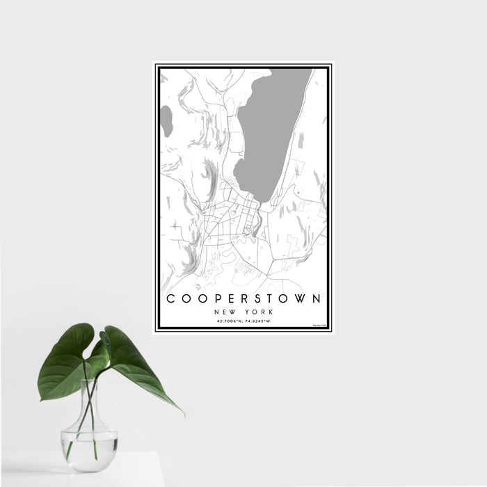 16x24 Cooperstown New York Map Print Portrait Orientation in Classic Style With Tropical Plant Leaves in Water