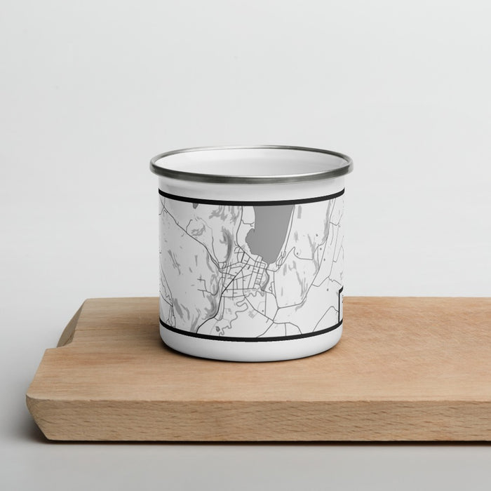 Front View Custom Cooperstown New York Map Enamel Mug in Classic on Cutting Board